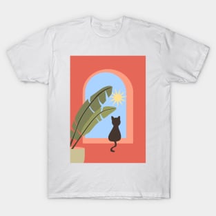 Cat in tropical window scene T-Shirt